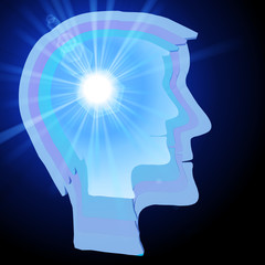 Abstract layered human head with light shining from the brain area, illustrating mental activity, the psyche, bright ideas.