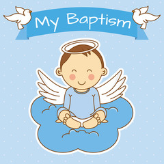 Fototapeta premium Angel wings on a cloud. boy baptism