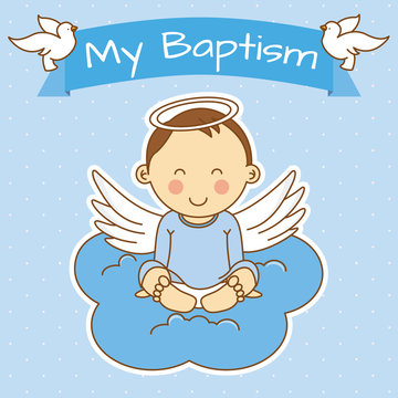 Angel Wings On A Cloud. Boy Baptism