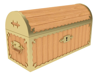 Closed wooden chest with soft shadows on white background