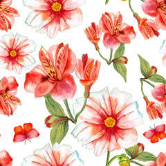 Watercolor flowers and butterflies seamless background texture