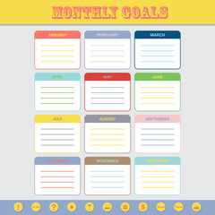 Monthly goals calendar template for year 2016. Colorful ruled months organizer, diary, planner for important goals. With circle icon stickers and place for notes.