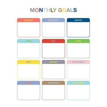 Monthly goals calendar template for year 2016. Colorful ruled months organizer, diary, planner for important goals. With circle icon stickers and place for notes.