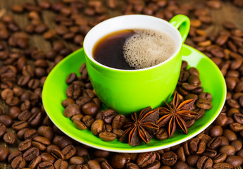 Coffee cup and saucer on a wooden table. Dark background, coffee