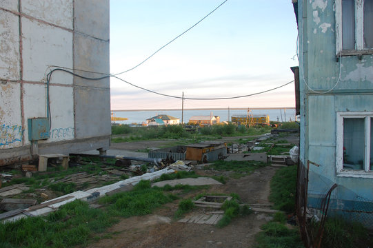 Houses of Chersky town at Kolyma river coast