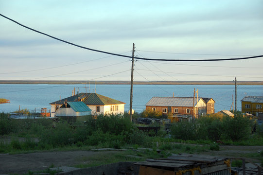Houses of Chersky town at Kolyma river coast