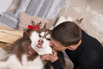 A nice young man kisses dog Husky 