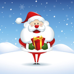 Santa Claus with box gift in Christmas snow scene