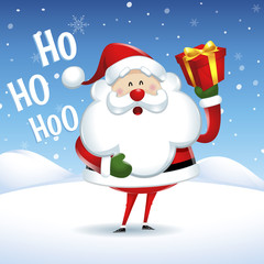 Santa Claus smile with box gift in Christmas snow scene