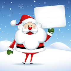 Santa Claus with white sign in Christmas snow scene