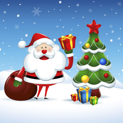 Santa Claus and the Christmas tree in Christmas snow scene