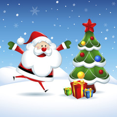 Santa Claus is coming to the Christmas tree  in Christmas snow scene