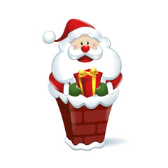 Santa Claus into the chimney with box gift in white background