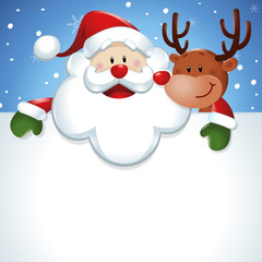 Santa Claus with reindeer, and big white sign in blue background