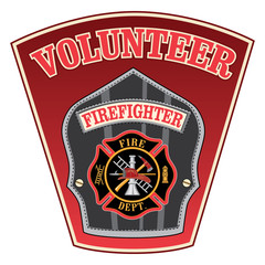 Obraz premium Volunteer Firefighter Shield is an illustration of a firefighter or fireman badge with a Maltese cross and firefighter tools logo inside of a shield shape.