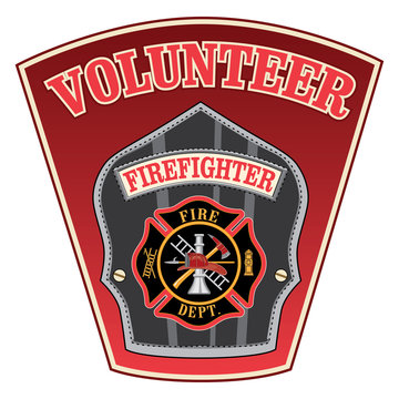 Volunteer Firefighter Shield is an illustration of a firefighter or fireman badge with a Maltese cross and firefighter tools logo inside of a shield shape.