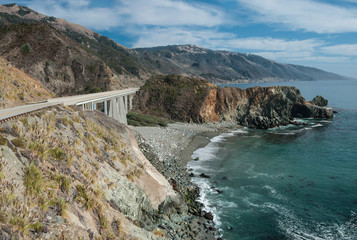 California Coastal Road:  California Highway 1 spans a gap in the rocky coastline and passes close to the Pacific shore near Big Sur. 
