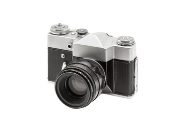 Fototapeta premium Old film camera with lens, isolated on white background