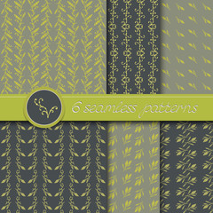 Vector set of six seamless patterns with hand drawn floral elements.