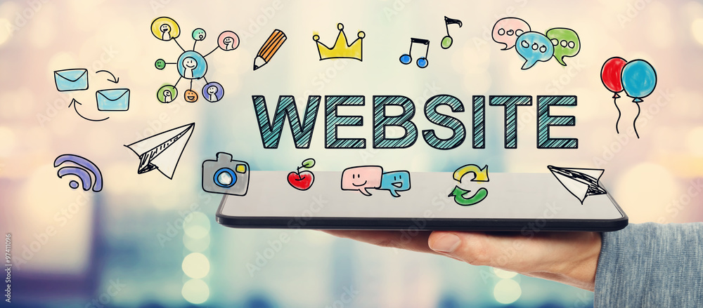 Poster website concept with man holding a tablet computer