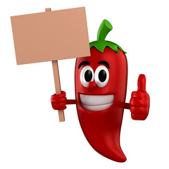 3d render of a chili holding a blank plackard