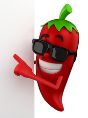 3d render of a chili presenting on a white blank board wearing sunglasses