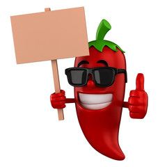 3d render of a chili holding a blank plackard and wearing sunglasses