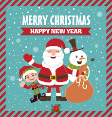 Vintage Christmas poster design with Santa Claus, snowman & elf