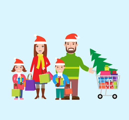 happy family in santa hats with shopping bags and shopping cart. family shopping.christmas shopping