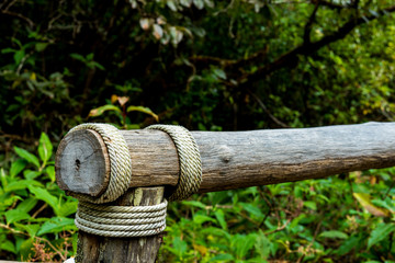 Fototapeta na wymiar Old wooden block with a rope for passage in the primeval forest