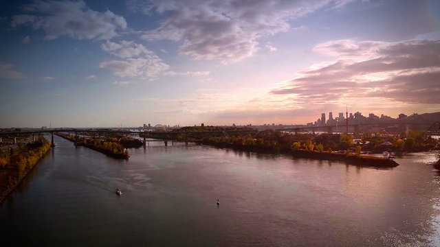 Aerial Footage of Montreal and Jacques-Cartier bridge city in Quebec, Canada