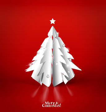 Merry Christmas greeting card with origami Christmas tree, vecto