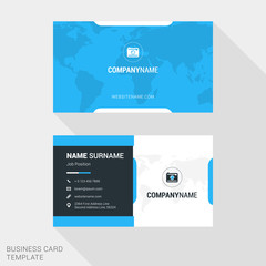 Modern Creative and Clean Business Card Template in Blue Color with World Map. Flat Style Vector Illustration