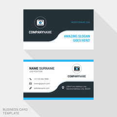 Modern Creative and Clean Business Card Template in Blue and Black Colors with Logo. Flat Style Vector Illustration