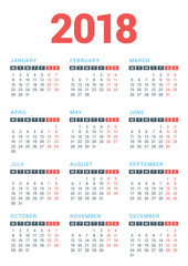 Calendar for 2018 Year on White Background. Week Starts Monday. Vector Design Print Template
