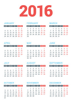 Calendar for 2016 Year on White Background. Week Starts Monday. Vector Design Print Template