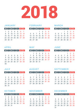 Calendar for 2018 Year on White Background. Week Starts Monday. Vector Design Print Template