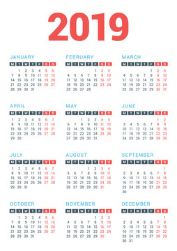 Calendar for 2019 Year on White Background. Week Starts Monday. Vector Design Print Template