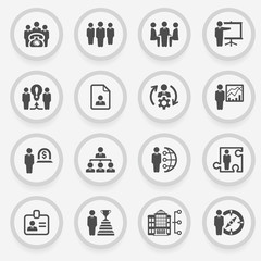 Business and management black icons on stickers. Flat design.