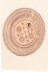 Circular iron utility cover plate in pavement.