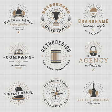 Set of Hipster Vintage Labels, Logotypes, Badges for Your Business. Crown, Helmet, Barrel, Lock, Bell, Star, Wine. Vector Illustration