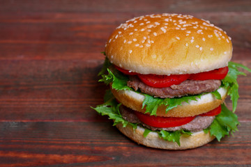 Closeup of home made burgers on wooden background