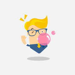 Young man character chewing pink bubble gum