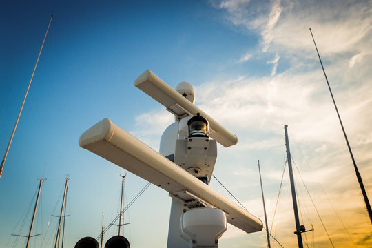 Radar yacht against the sky before sunset, in the evening.