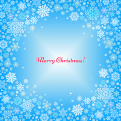 Merry Christmas and Happy New Year Card. Christmas background with snowflakes and space for text in the blue background. Modern flat style. Vector illustration.