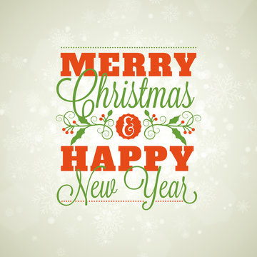 Vintage Typographic Merry Christmas Postcard with Misletoe Branches on Light Background. Vector Illustration