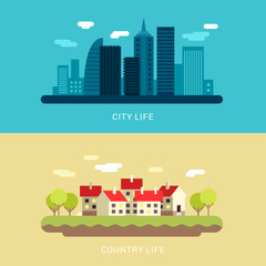 City Life and Country Life. Flat Style Vector Conceptual Illustration for Web Banners or Promotional Materials