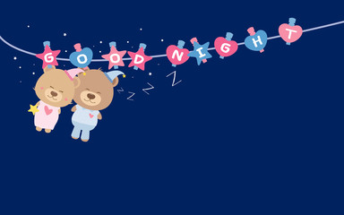 Good Night. Couple teddy bear on clothes line.