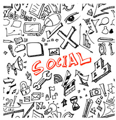 Hand drawn seamless doodle pattern with business symbols