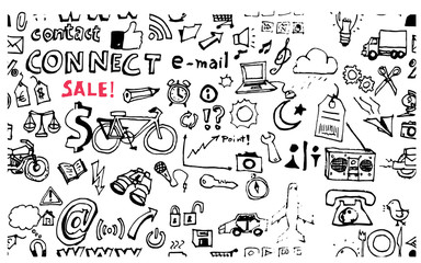 Hand drawn seamless doodle pattern with business symbols
